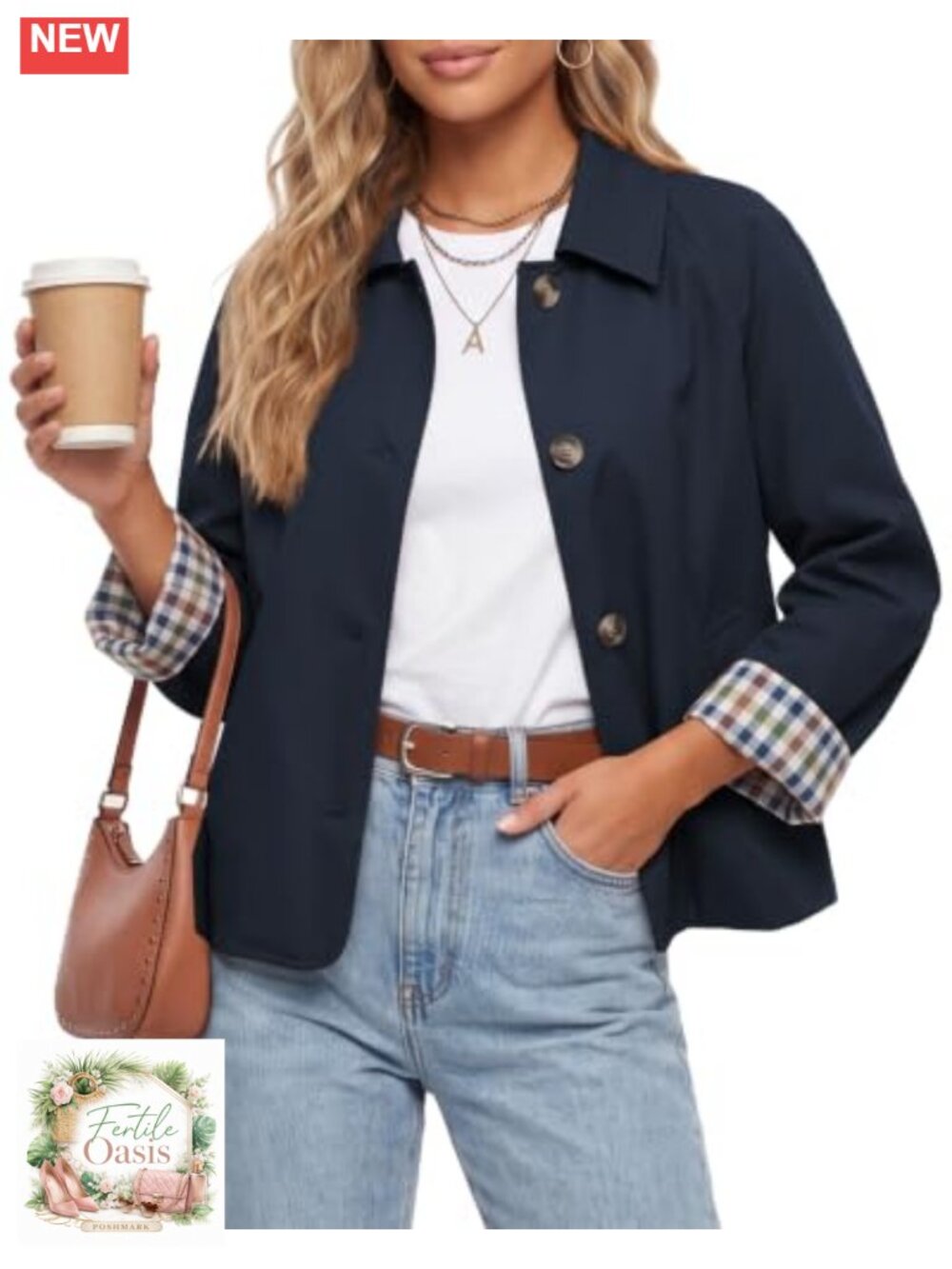 Cropped Trench Coat Plaid Lining Button Down Casual Jacket